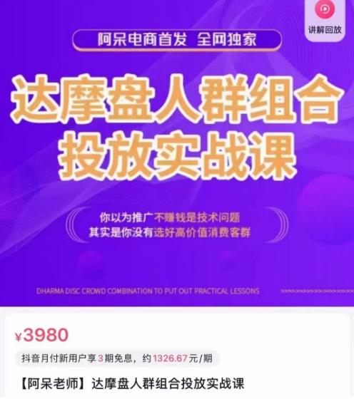 阿呆电商·达摩盘人群组合投放实战课，你以为推广不赚钱是技术问题，其实是你没有选好高价值消费客群-润泽资源库