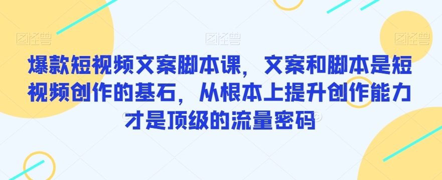 爆款短视频文案脚本课，文案和脚本是短视频创作的基石，从根本上提升创作能力才是顶级的流量密码-润泽资源库