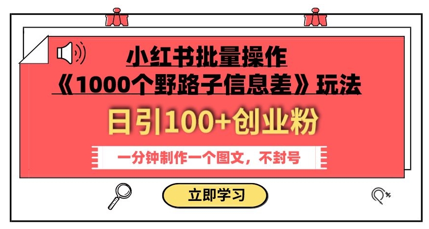 小红书批量操作《1000个野路子信息差》玩法，一分钟制作一个图文，不封号，日引100+创业粉-润泽资源库