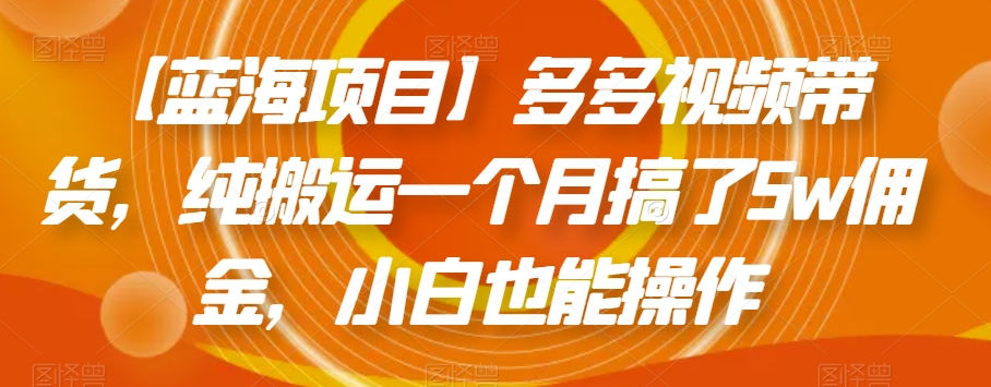 【蓝海项目】多多视频带货，纯搬运一个月搞了5w佣金，小白也能操作【揭秘】-润泽资源库