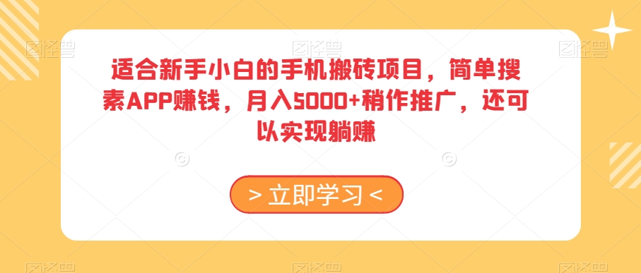 适合新手小白的手机搬砖项目，简单搜素APP赚钱，月入5000+稍作推广，还可以实现躺赚【揭秘】-润泽资源库