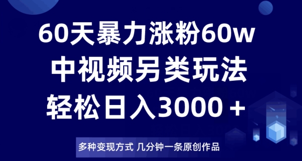 60天暴力涨粉60W，中视频另类玩法，日入3000＋，几分钟一条原创作品多种变现方式-润泽资源库