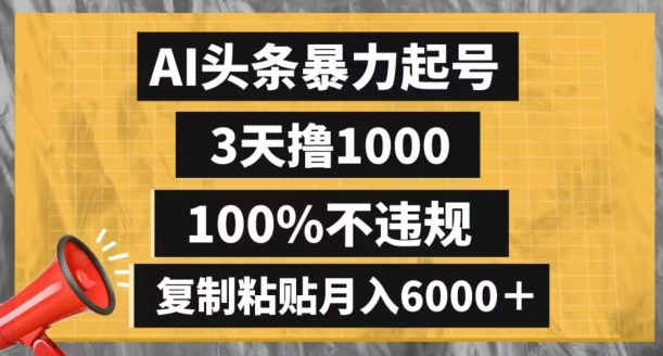 AI头条暴力起号，3天撸1000,100%不违规，复制粘贴月入6000＋【揭秘】-润泽资源库