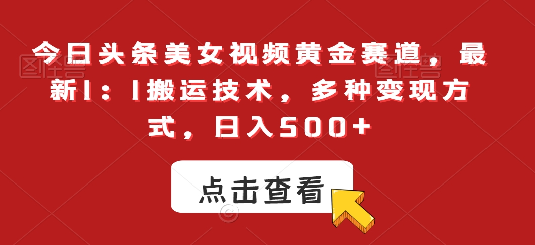 今日头条美女视频黄金赛道，最新1：1搬运技术，多种变现方式，日入500+【揭秘】-润泽资源库