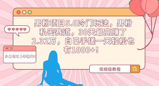 男粉项目5.0冷门玩法，男粉私密赛道，30天最高赚了2.32万，自己手搓一天轻松也有1000+【揭秘】-润泽资源库