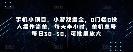 手机小项目，小游戏撸金，0门槛0投入操作简单，每天半小时，单机单号每日30-50，可批量放大-润泽资源库