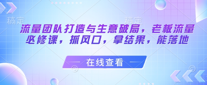 流量团队打造与生意破局，老板流量必修课，抓风口，拿结果，能落地-润泽资源库