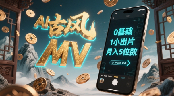 AI一键生成古风音乐MV，0剪辑基础1小时出片，多种变现渠道，一部手机月入5位数-润泽资源库