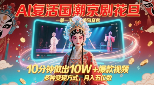 AI复活国潮京剧花旦，一颦一笑美到窒息，10分钟做出10W+爆款视频，多种变现方式，月入五位数-润泽资源库