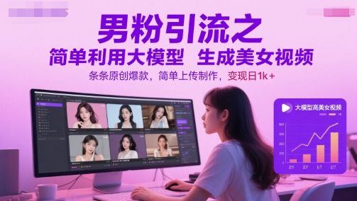 男粉引流之简单利用大模型生成美女视频，条条原创爆款，简单上传制作，变现日1k+-润泽资源库