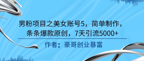 男粉项目之美女账号5，简单制作，条条爆款原创，7天引流5000+-润泽资源库