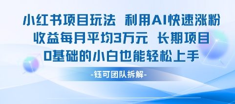适合小白操作的小红书新项目，利用AI快速涨粉，收益每月平均1W+-润泽资源库