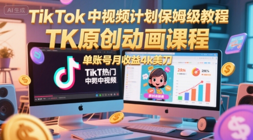 TikTok中视频计划保姆级教程，TK原创动画课程，单账号月收益4k美刀-润泽资源库