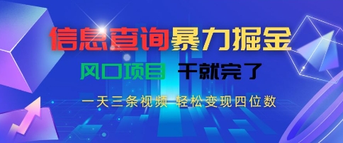 信息查询暴力掘金，一天三条视频，轻松变现四位数，风口项目干就完了【揭秘】-润泽资源库