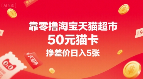 靠零撸淘宝天猫超市50元猫卡，挣差价日入5张-润泽资源库