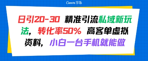 日引 20-30 精准引流私域新玩法，转化率50% 高客单虚拟资料，小白一台手机就能做-润泽资源库