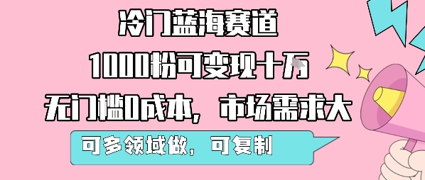 冷门蓝海赛道，1000粉可变现十W，无门槛0成本，市场需求大，可多领域做，可复制性强-润泽资源库