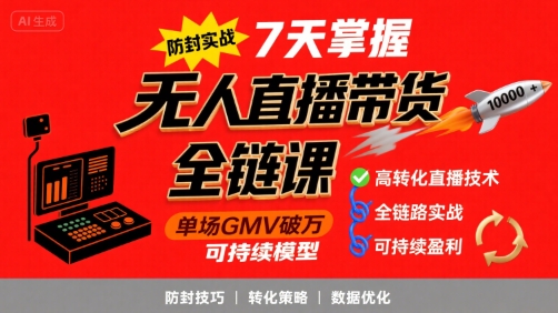 无人直播带货全链防封实战课，7天掌握高转化直播技术，实现单场GMV破万可持续模型-润泽资源库