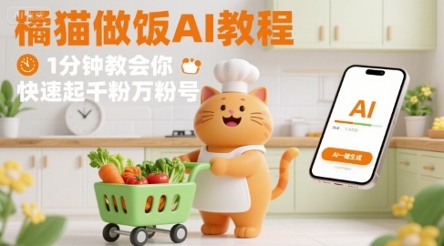 有趣的橘猫买菜做饭视频，用AI一键搞定，1分钟教会你，快速起千粉万粉号-润泽资源库