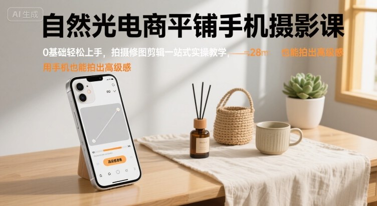 自然光电商平铺手机摄影课，0基础轻松上手，拍摄修图剪辑一站式实操教学，用手机也能拍出高级感-润泽资源库