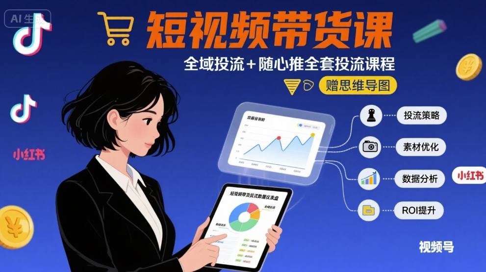 最新短视频带货课，全域投流+随心推全套投流课程+思维导图-润泽资源库