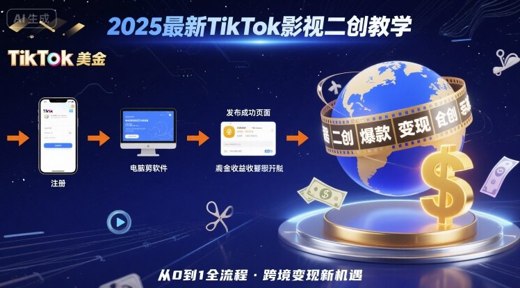 2025年最新TikTok影视二创教学，从注册到发布撸美金全流程，跨境变现新机遇-润泽资源库