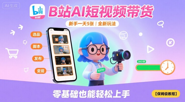 B站AI短视频带货，新手一天5张，全新玩法【保姆级教程】-润泽资源库