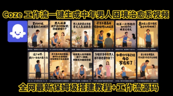 coze工作流一键生成”中年男人困境扎心高涨粉高播放量图文视频”保姆级拆解教程，无需剪辑，无需拍摄写文案-润泽资源库