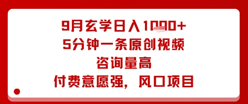 9月玄学日入1k+玩法，5分钟一条原创视频，咨询量高，付费意愿强，风口项目-润泽资源库
