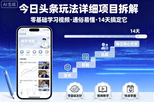 今日头条玩法详细项目拆解，零基础学习视频 通俗易懂 14天搞定它-润泽资源库