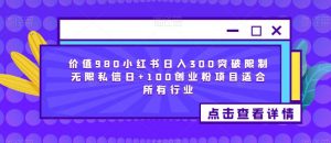 价值980小红书日入300突破限制无限私信日+100创业粉项目适合所有行业-润泽资源库