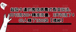超级牛逼的微信病毒式裂变玩法，日引流500+精准流量，3天引流了400人赚了1500块【揭秘】-润泽资源库