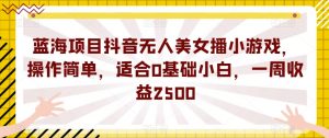 蓝海项目抖音无人美女播小游戏,操作简单,适合0基础小白,一周收益2500【揭秘】-润泽资源库