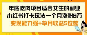 年底吃肉项目适合女生的副业小红书打卡玩法一个月涨粉6万+变现能力强+单月收益5位数【揭秘】-润泽资源库