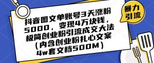 抖音图文单账号3天涨粉5000，变现4万块钱，极简创业粉引流成交大法-润泽资源库
