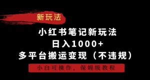 小红书笔记新玩法，日入1000+，多平台搬运变现（不违规），小白可操作，保姆级教程【揭秘】-润泽资源库