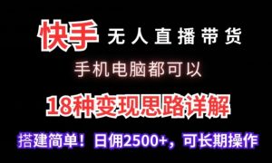 快手无人直播带货，手机电脑都可以，18种变现思路详解，搭建简单日佣2500+【揭秘】-润泽资源库