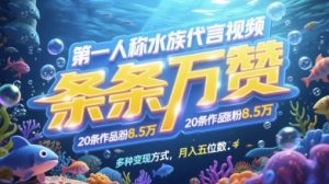 第一人称水族代言视频，条条万赞，20条作品涨粉7.8W，多种变现方式月入五位数-润泽资源库