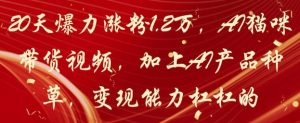 20天爆力涨粉1.2W，AI猫咪带货视频，加上AI产品种草，变现能力杠杠的-润泽资源库