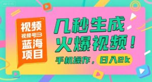 视频号蓝海项目，几秒生成火爆视频，手机操作，日入2k【揭秘】-润泽资源库