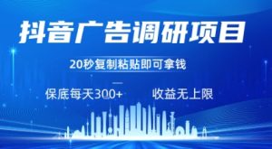 抖音广告调研项目，只需复制粘贴广告即可挣钱，任务不限量，一天稳定3张-润泽资源库