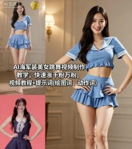 AI海军装美女跳舞视频制作教学,快速涨千粉万粉,视频教程+提示词(绘图词、动作词)-润泽资源库